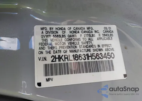 2001 Honda Odyssey Ex z USA, uszkodzony, nr VIN 2HKRL18631H563450